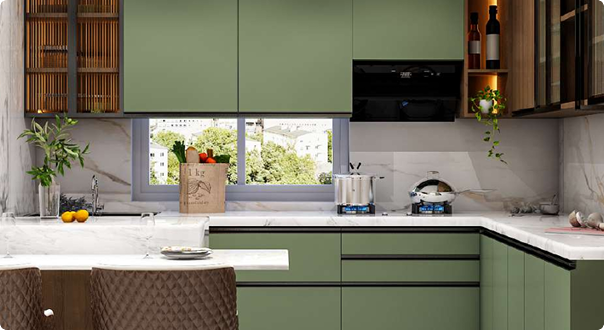 Modern modular kitchen with green cabinetry